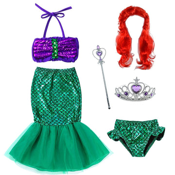 Elibelle The Little Girls Mermaid Princess Swimwear Dress Costume Wig Tiara Wand(3-4Years)