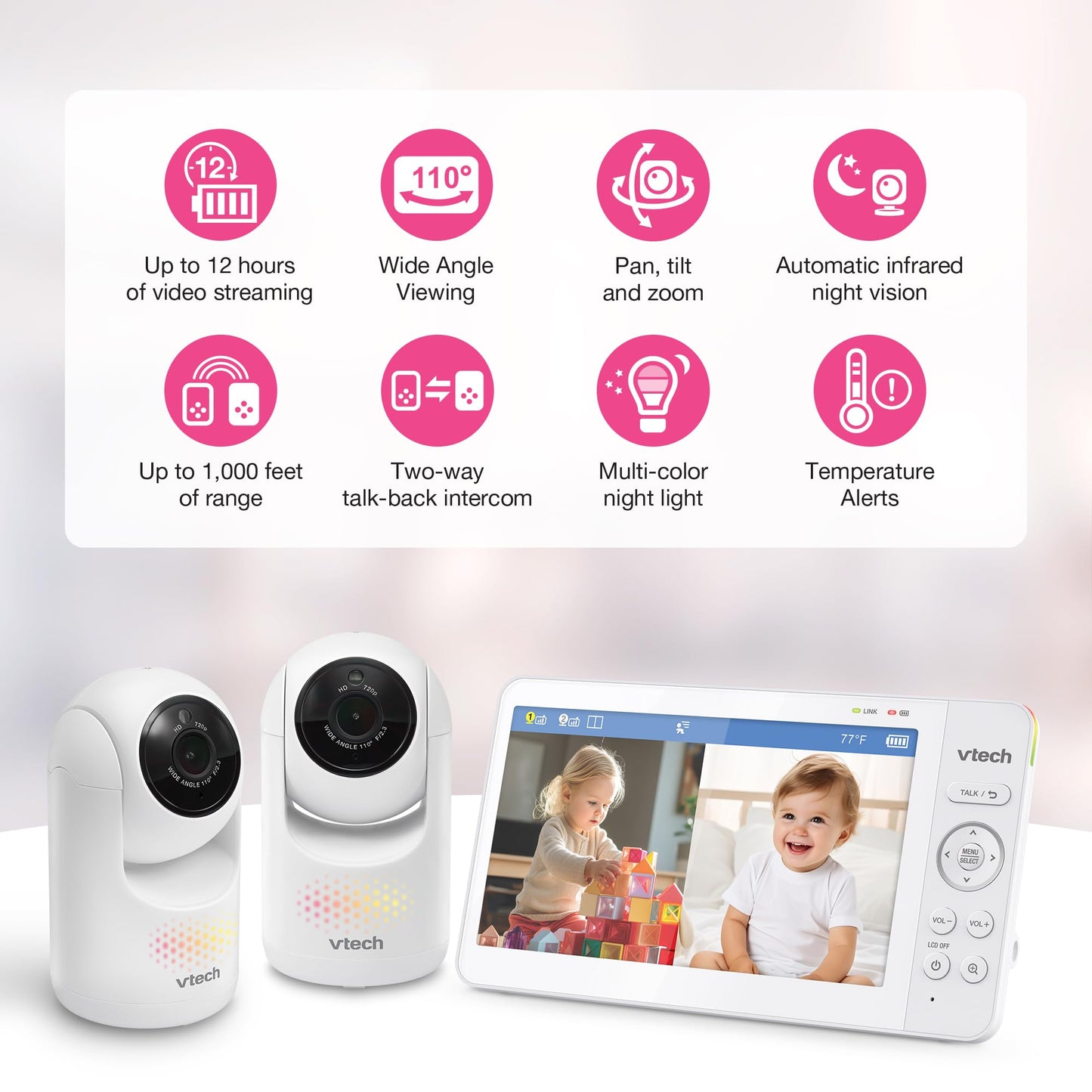 Vtech Advanced Hq Max Twin 7' Digital Video 2-Cameras Baby Monitor With Pan Tilt Zoom, Long Battery Life 5000Mah, Ips Screen, A