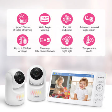 Vtech Advanced Hq Max Twin 7' Digital Video 2-Cameras Baby Monitor With Pan Tilt Zoom, Long Battery Life 5000Mah, Ips Screen, A