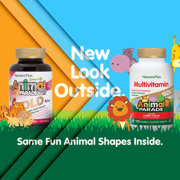 Natures Plus Animal Parade Gold Children'S Chewable Multivitamin - Natural Cherry Flavor - 120 Animal Shaped-Tablets, Pack Of 2