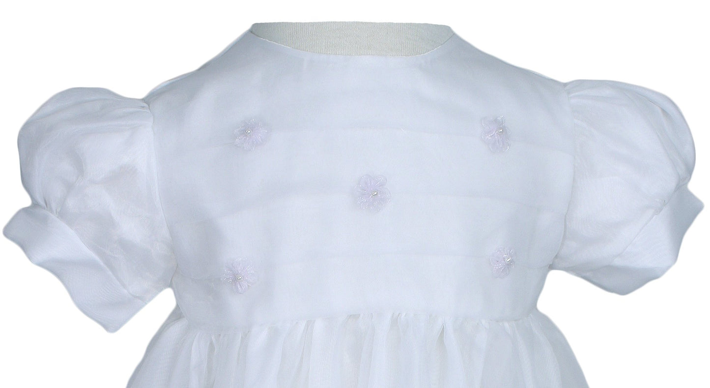Christening Day Girls' White Organza Overlay Gown With Sheer Flowers 24M