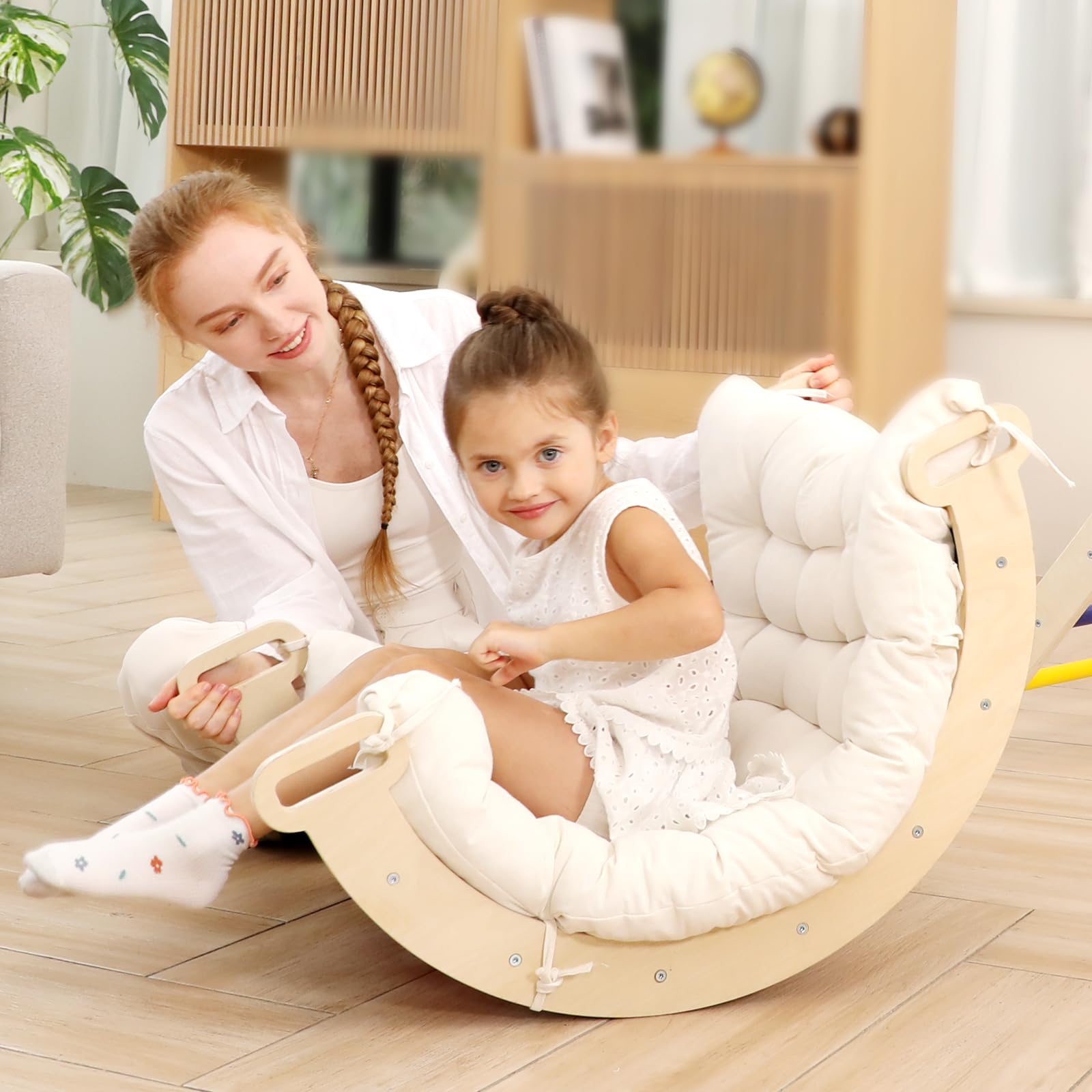 Ymonlia 2 In 1 Montessori Climbing Arch For Toddlers,Rainbow Wooden Climbing Arch Rocker& Cushion,Climbing Triangle Ramp,Montess