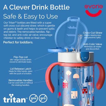 Evorie Tritan Toddler Sippy Cup With Silicone Straw, Spill-Proof Straw Water Bottle For Kids 1-2 Years Old, 10 Oz, Removable Han