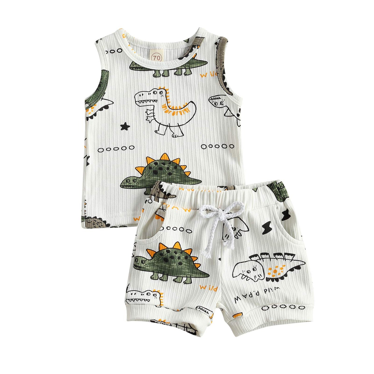 Newborn Baby Boys Summer Outfit Set Cartoon Dinosaur Print Sleeveless Tank Tops And Ribbed Shorts 2Pcs Clothes (White, 0-3 Month