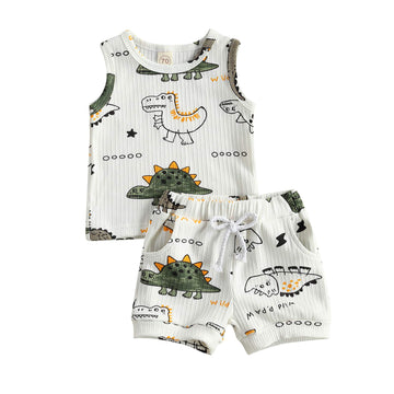 Newborn Baby Boys Summer Outfit Set Cartoon Dinosaur Print Sleeveless Tank Tops And Ribbed Shorts 2Pcs Clothes (White, 0-3 Month