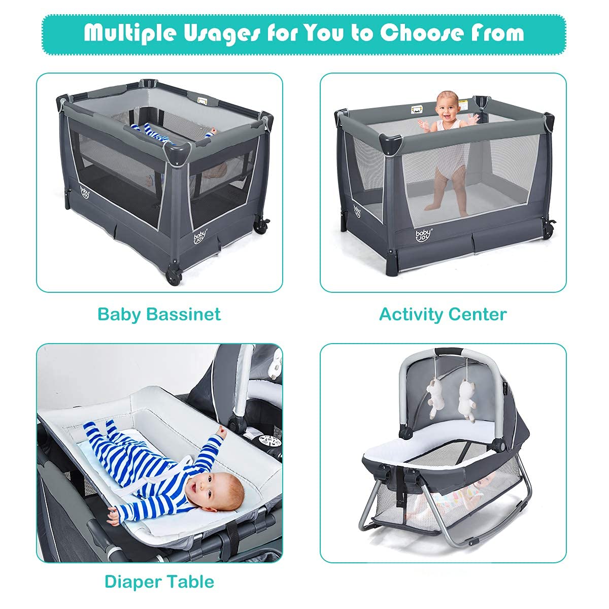BABY JOY 5 in 1 Pack and Play, Portable Nursery Center Baby Playard w/Bassinet & Diaper Changing Table, Infant Bassinet Activity