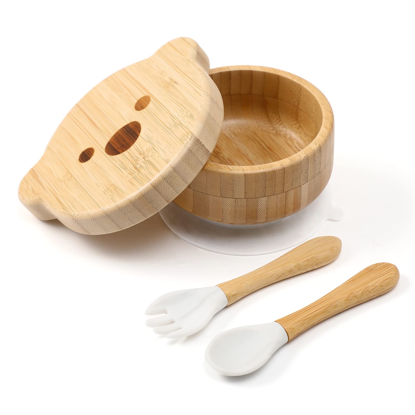 Baby Bowls With Lid,Hbm Bamboo Suction Bowls For Baby And Spoon Set,3Pc Feeding Supplies Set For Infant, Toddlers,Detachable Sil