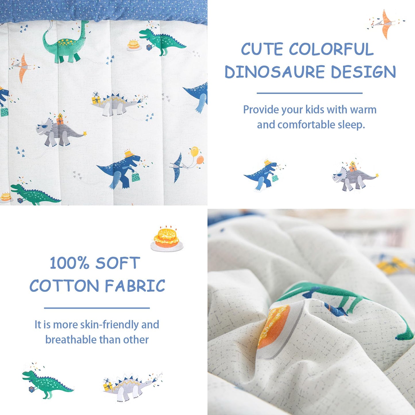 Djy Cotton Toddler Bedding Set, Blue Dinosaur Toddler Comforter Set For Boys Girls, 4 Pieces Soft Toddler Bed Set Includes Quilt