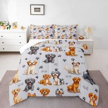 Kids Cute Cartoon Dogs Comforter Set - Toddler Bedding Set - Boys & Girls - Pet Dog Puppy Animal Lover - Down Alternative Comfor