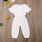 Mubineo Toddler Baby Girl Summer Fall Basic Plain Short Sleeve Cotton Linen Drawstring Romper Jumpsuit (White, 2-3T)
