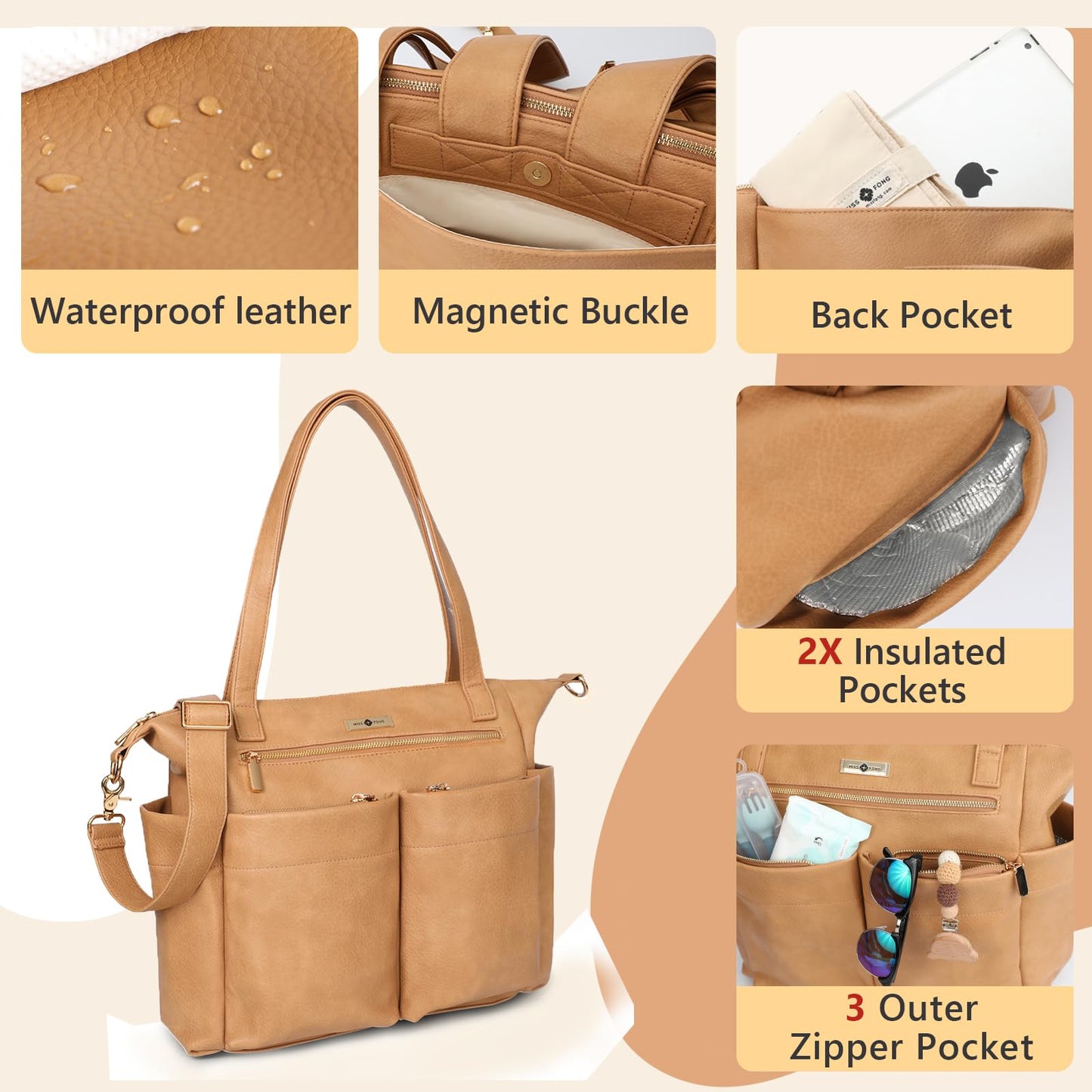 Miss Fong Leather Diaper Tote Backpack - Large Diaper Bag With 11 Organizers, Changing Pad, Stroller Straps, 4 Insulated Pockets