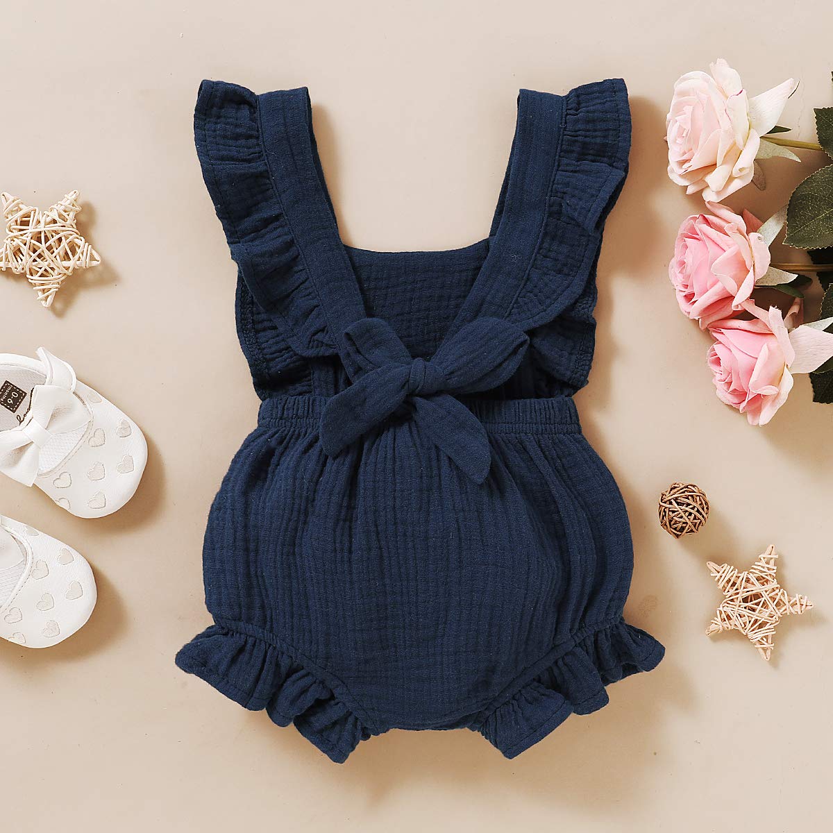 Younger Tree Toddler Baby Girl Ruffled Sleeveless Romper Casual Summer Jumpsuit Cotton Linen Clothes (Blue, 3-6 Months)