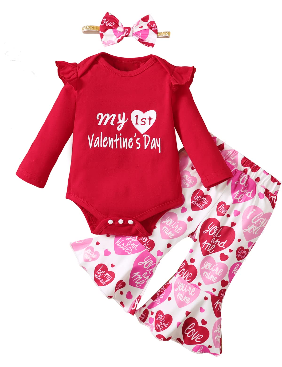 Shalofer Baby Girl Valentines Day Outfit Infant My First Valentine'S Day Flare Clothes Set(Red-Flare, 12-18 Months)