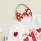 Xiaodriceee Toddler Baby Girl Valentines Day Outfit Long Sleeve Romper Heart Print Flared Pant With Headband 3Pcs Valentines Day