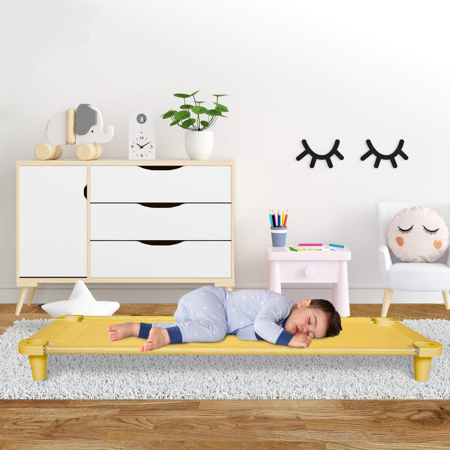 Acrimet Nap Cot For Kids, Portable Toddler Child Bed, Stackable, 52' L (Stainless Steel Tubes) (Yellow Breathable Mesh Fabric -
