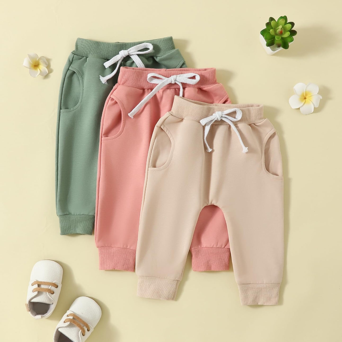 Yoawdats Baby Boys' 3-Pack Pull-On Jogger Pants Girls' Knit Pants Classic Fit Elastic Waist Toddler Pants Infant Long Pants, Pin