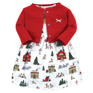 Hudson Baby Baby Girls' Cotton Dress And Cardigan Set, North Pole, 6-9 Months