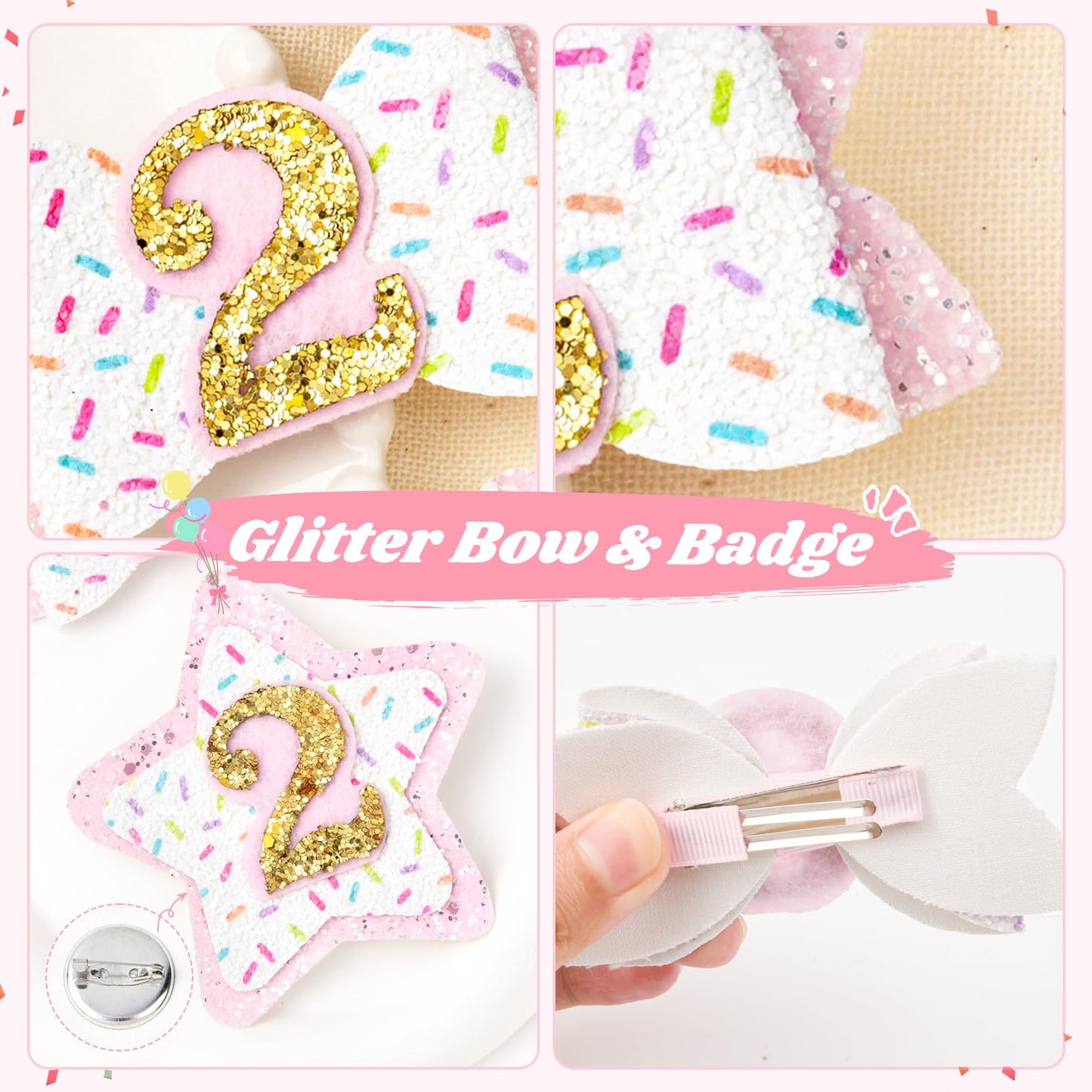 Deeka 2Nd Birthday Hair Bow And Badge Set For Girl - Glitter Pink And White Hair Clips For 2 Year Girl Party Decoration - Toddle