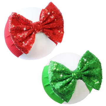 Helykaka Christmas Sequin Red Baby Bow Headbands Green Newborn Bow Sparkly Elastic Wide Baby Girl Bows Christmas Hairbands For B