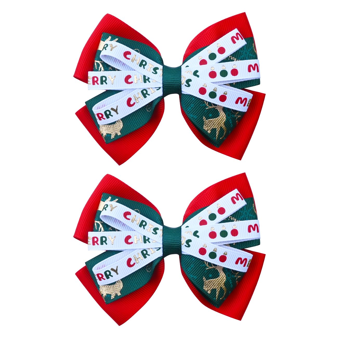 2PCS Christmas Hair Bows for Girls 4 Inches Green Elk Grosgrain Ribbon Hair Accessories Small Xmas Boutique Hair Clips Elk Chris
