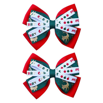 2PCS Christmas Hair Bows for Girls 4 Inches Green Elk Grosgrain Ribbon Hair Accessories Small Xmas Boutique Hair Clips Elk Chris
