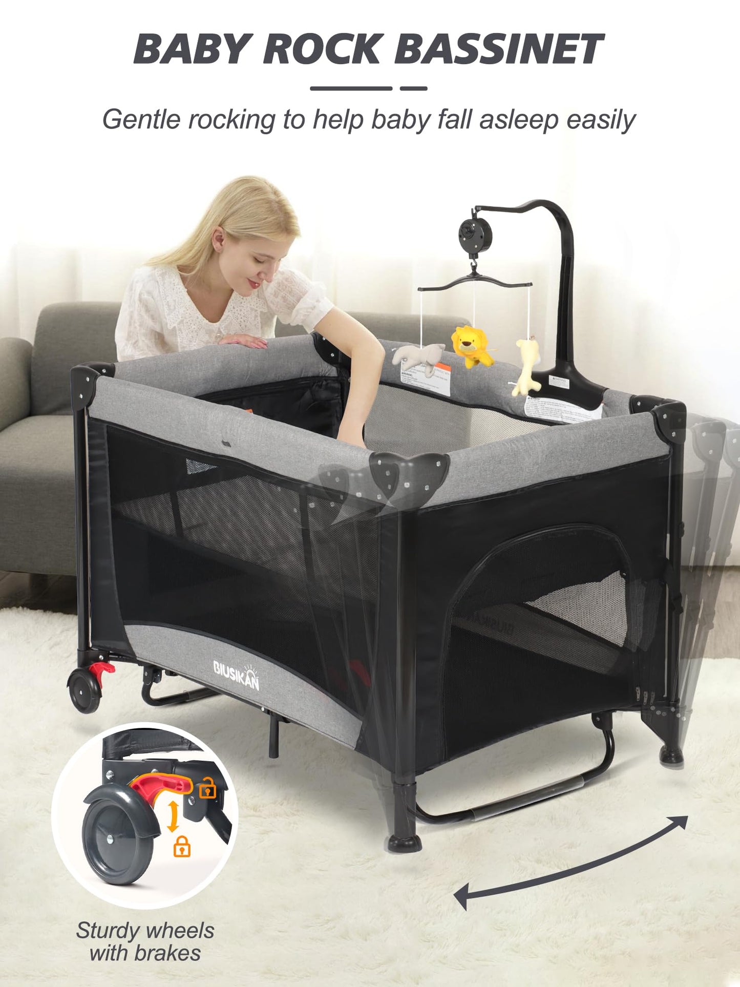 Biusikan Baby Bassinet, Pack And Play With Bassinet, Bassinet Bedside Sleeper With Diaper Changer, Mosquito Net, Music Box, Port