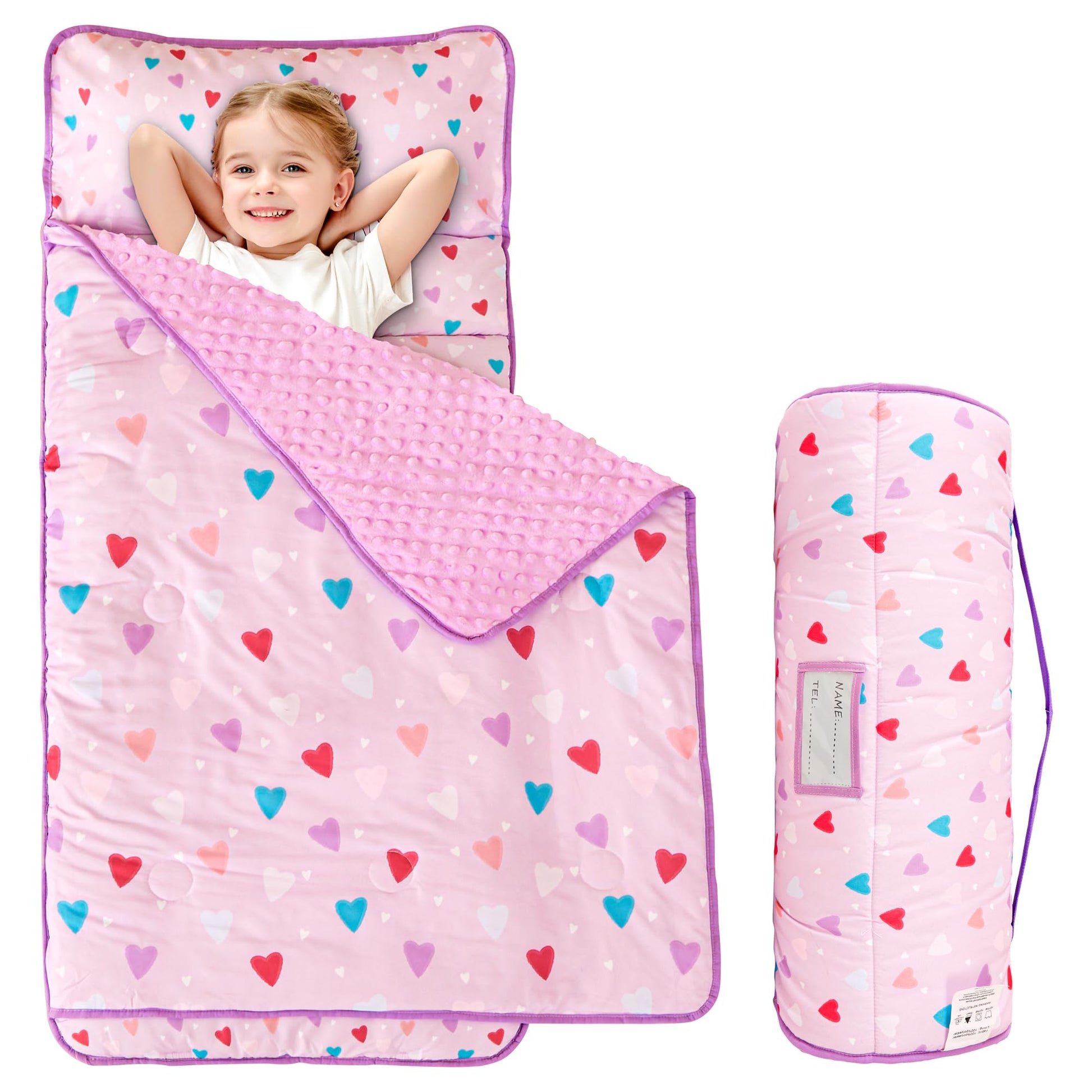 Viviland Toddler Kid Nap Mat for Preschool, Girls Heart Slumber Bag, Purple Daycare Sleeping Mats with Pillow and Blanket, Kinde