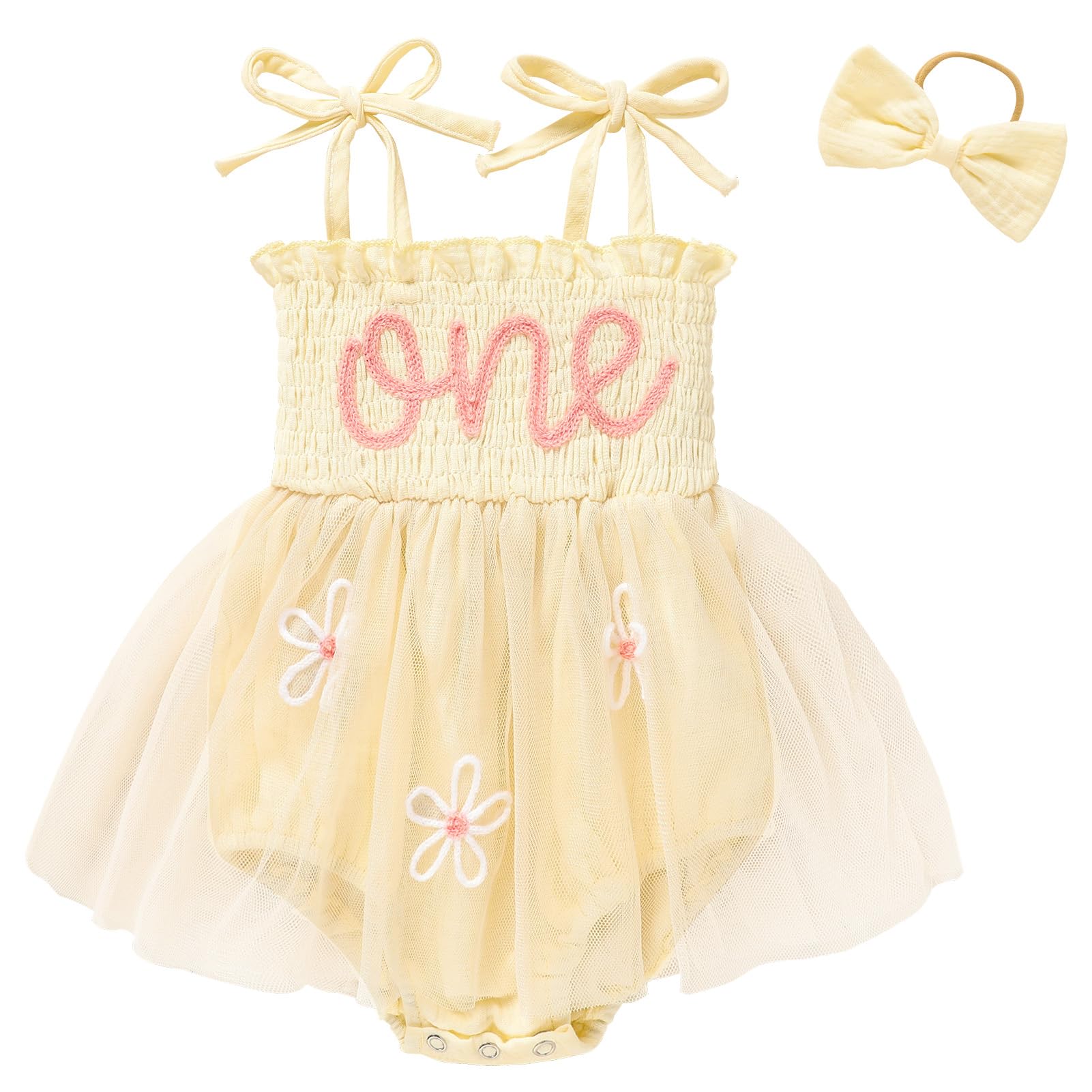 Titkkop Baby Girl 1St Birthday Clothes One Year Old Tulle Romper Sleeveless Bodysuit Cake Smash Outfits(Apricot,12-18M)