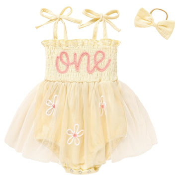 Titkkop Baby Girl 1St Birthday Clothes One Year Old Tulle Romper Sleeveless Bodysuit Cake Smash Outfits(Apricot,12-18M)