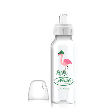 Dr. Brown'S Milestones Narrow Sippy Bottle, 100% Silicone Soft Sippy Spout, 8Oz/250Ml, Flamingo, 6M+