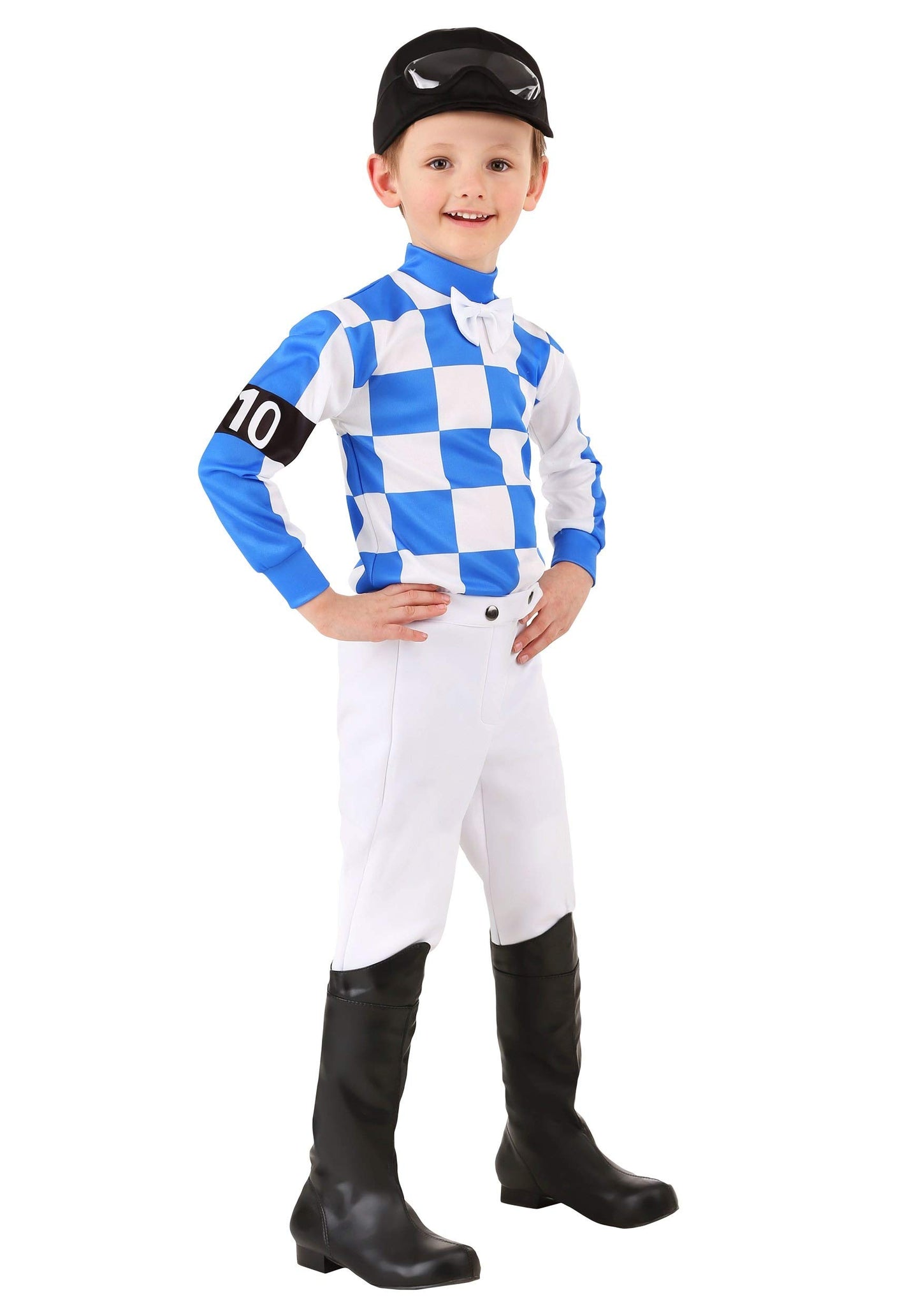 Toddler Horse Racer Costume For Boys, Jockey Attire With Checkered Jersey, White Pants, Racing Helmet, And Goggles 4T