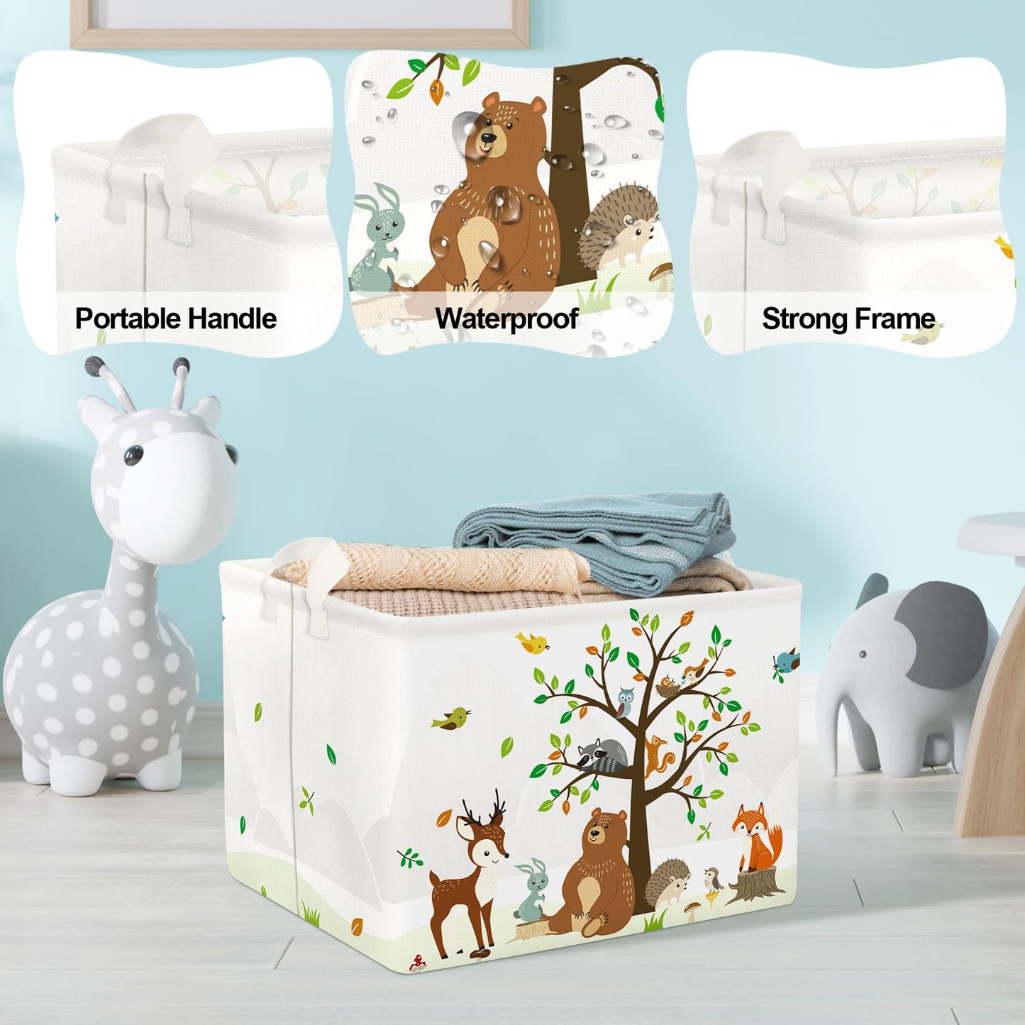 Clastyle Woodland Animals Bear Fox Raccoon Tree Baby Gift Storage Basket Deer Owl Collapsible Rectangular Shelf Basket Toy Book