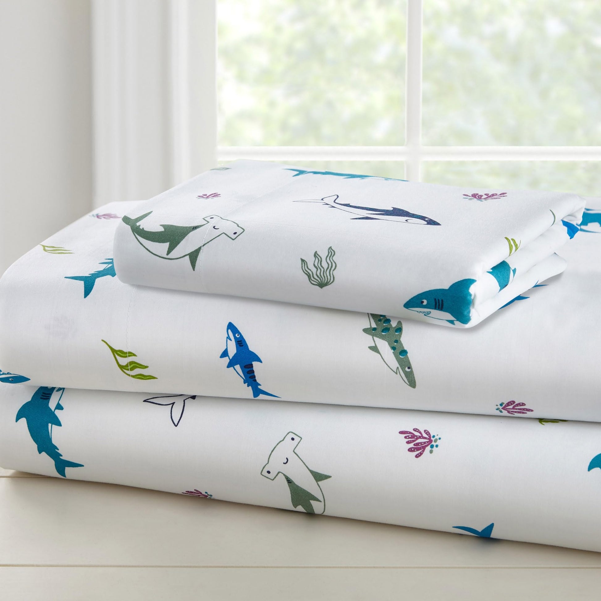 Wildkin 100% Cotton Toddler Sheet Set - Soft & Cozy Bed Sheets - Shark Attack