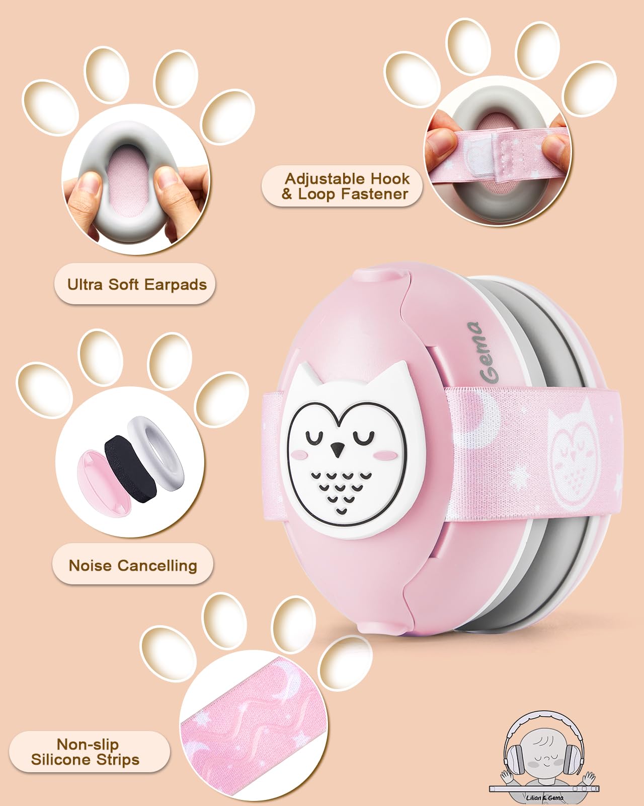 Lilian&Gema 2-In-1 Baby Ear Muffs, Adjustable Headphones With Band, Owls Noise Cancelling Headphones For Toddler Up To 4 Years,