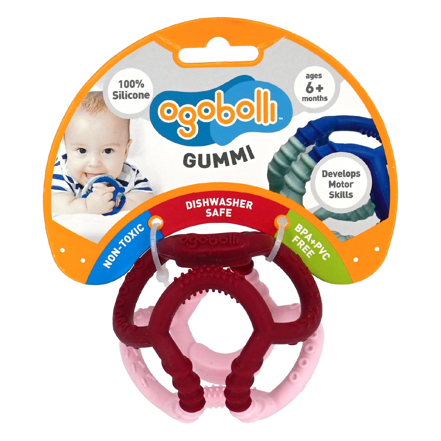 OgoBolli Gummi Teether Ring Textured Sensory Ball Toy for Babies & Toddlers - Stretchy, Soft Non-Toxic Silicone - Boys and Girls