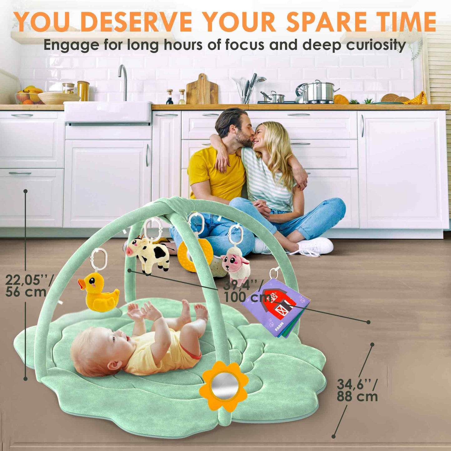 Quokka Baby Play Gym Xl - Cabbage-Shaped Baby Play Mat With 6 Large Sensory Toys - Tummy Time Mat For Infant Development - Machi