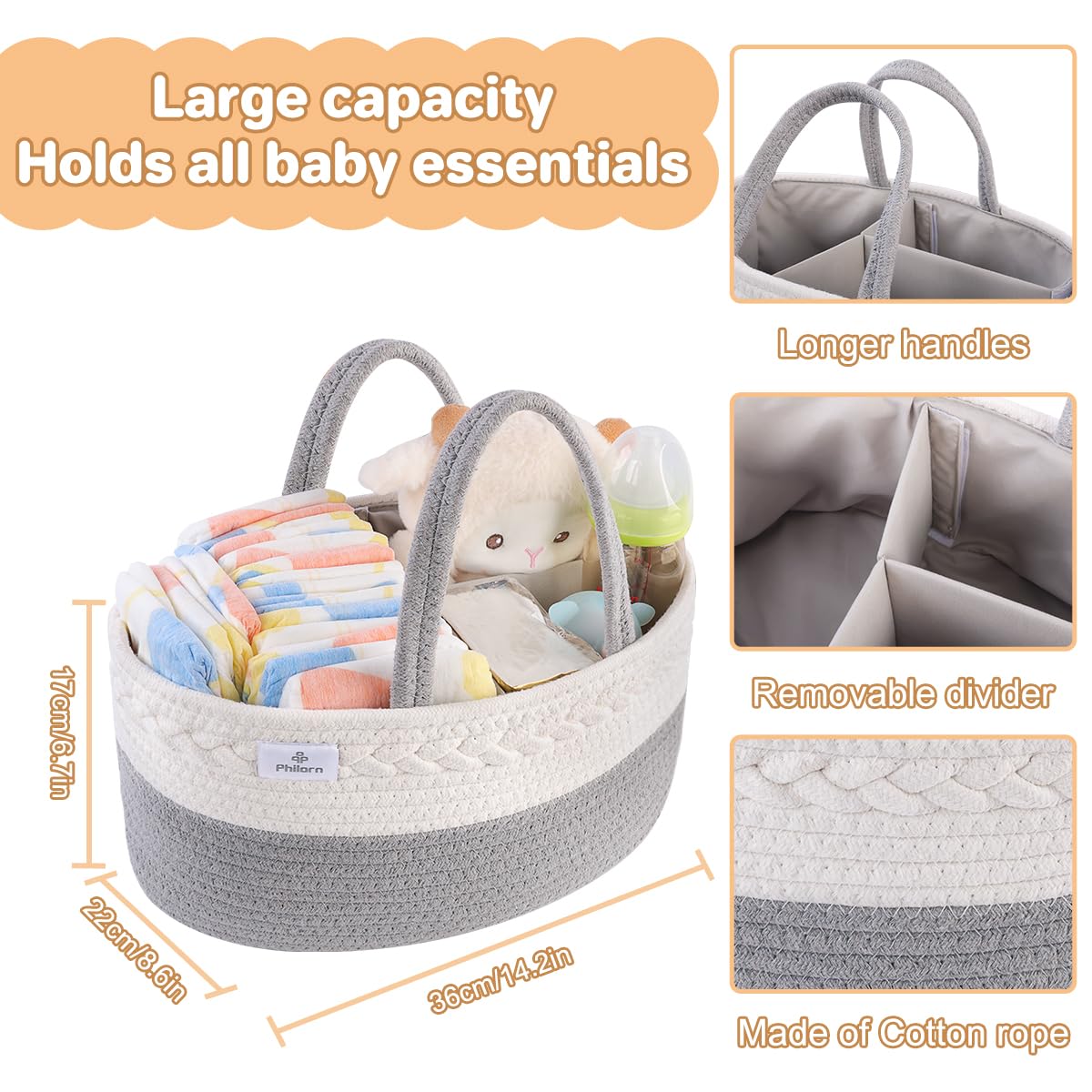 Philorn Diaper Caddy Organizer, Cotton Rope Diaper Caddy Basket, Woven Diaper Caddy With Dividers, Nursery Storage Basket For Ch