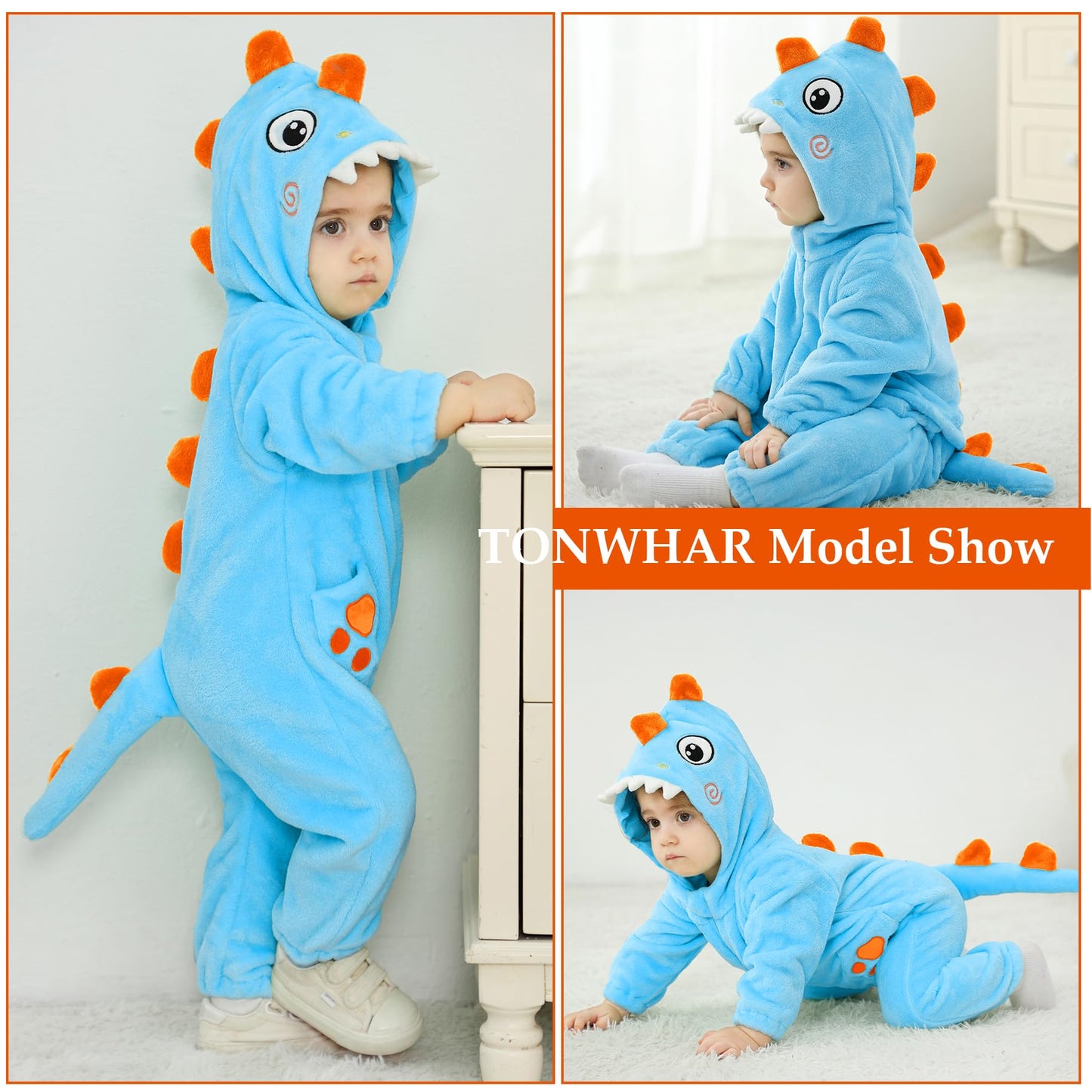 Tonwhar Baby Boy'S Girl'S Animal Bodysuit Infant And Toddler'S Romper Jumpsuit Halloween Costume Partywear(18-24M,Blue Dino)