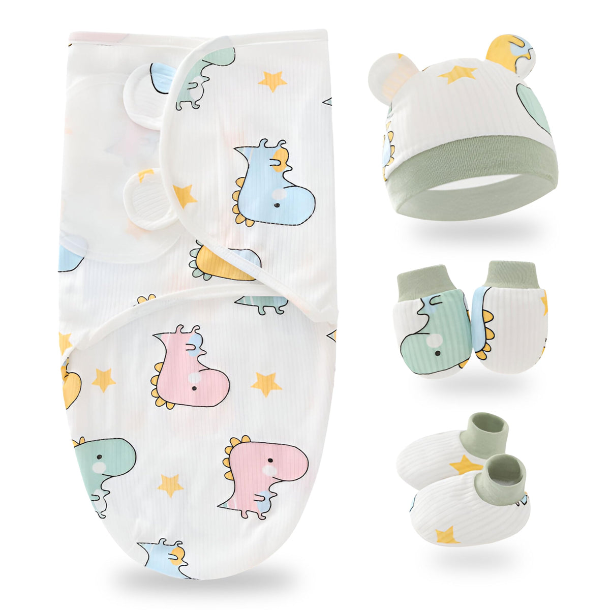BEMBIKA Newborn Baby Essentials Dress Set Clothing Combo With Swaddle Wrap, Mittens, Cap And Booties (Dino Print  Set Of 4)