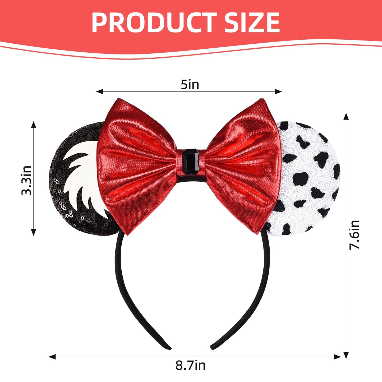Seamoy Sequin Minnie Ears, Cruella Mouse Ears Headband, Black & White Cruella Devil Costume Hair Accessory For Women & Girls