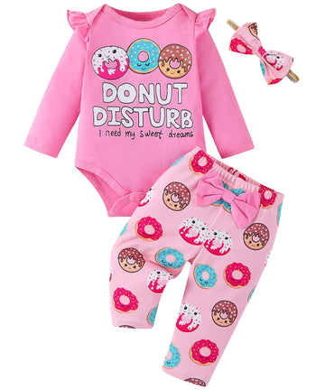 Fullfamous Baby Girl Clothes Gifts Outfits,Fall Winter Long Sleeve Romper And Pant Set Rose Red Donut 18-24 Months