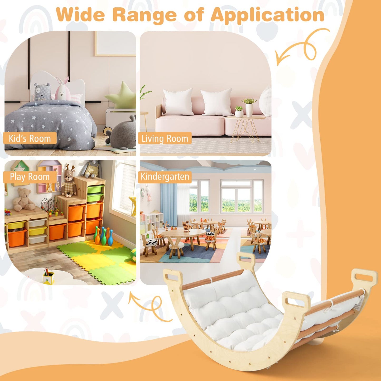 Honey Joy Wooden Ladder Arch For Climbing, 3-In-1 Kids Climber Ladder & Rocker Board W/Cushion Pad, Triangle Climber For Playgro