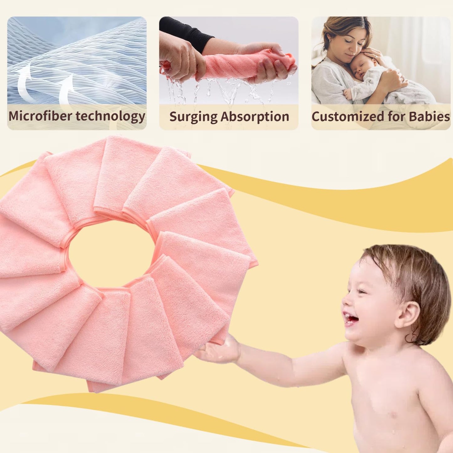 Mukin Baby Washcloths Set - 12 Pack 12X12 Inches Microfiber Coral Fleece Face Towel For Newborns, Infant, Toddlers Or Kids. Ultr