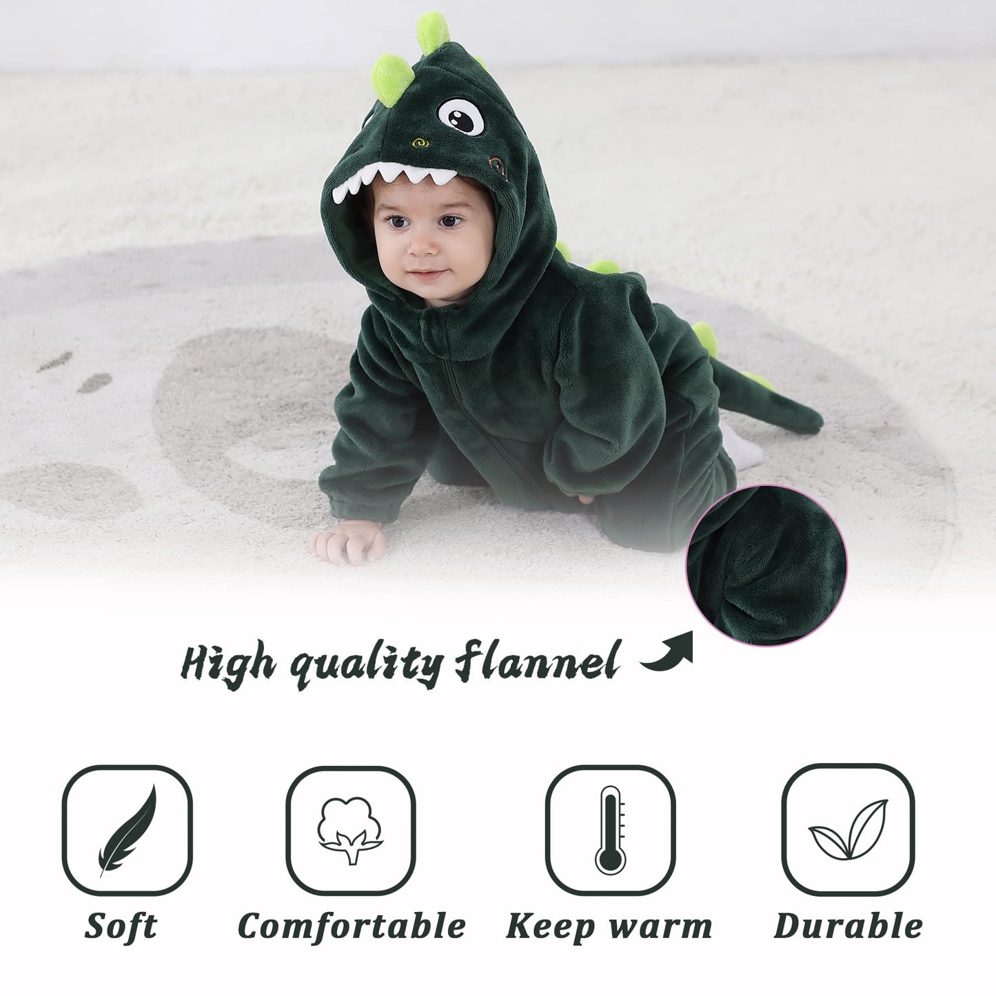 Tonwhar Infant And Toddler Halloween Cosplay Costume Kids' Animal Outfit Snowsuit(1-3 Months,Dark Green Dinosaur)