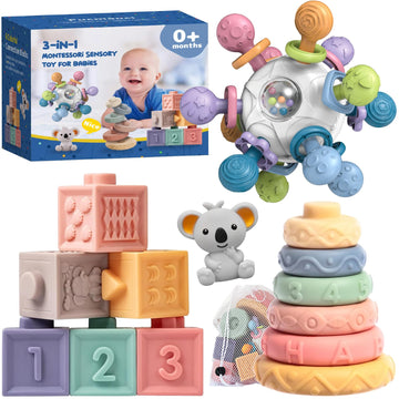 Pucmaoci Montessori Baby Toys 3-in-1 Set for Sensory Development, Teething Toys, and Early Education - Gift for Toddler Baby 0-3