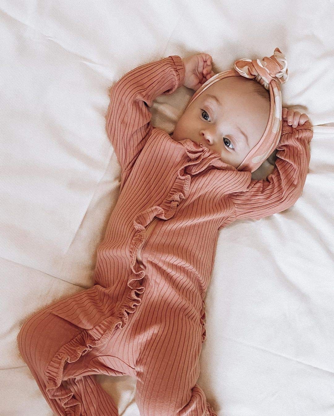 Kuriozud Newborn Baby Girl Boy Zipper Sleeper Ruffle Footed Romper One Piece Clothes (Orange Zipper Footie, 0-3 Months)
