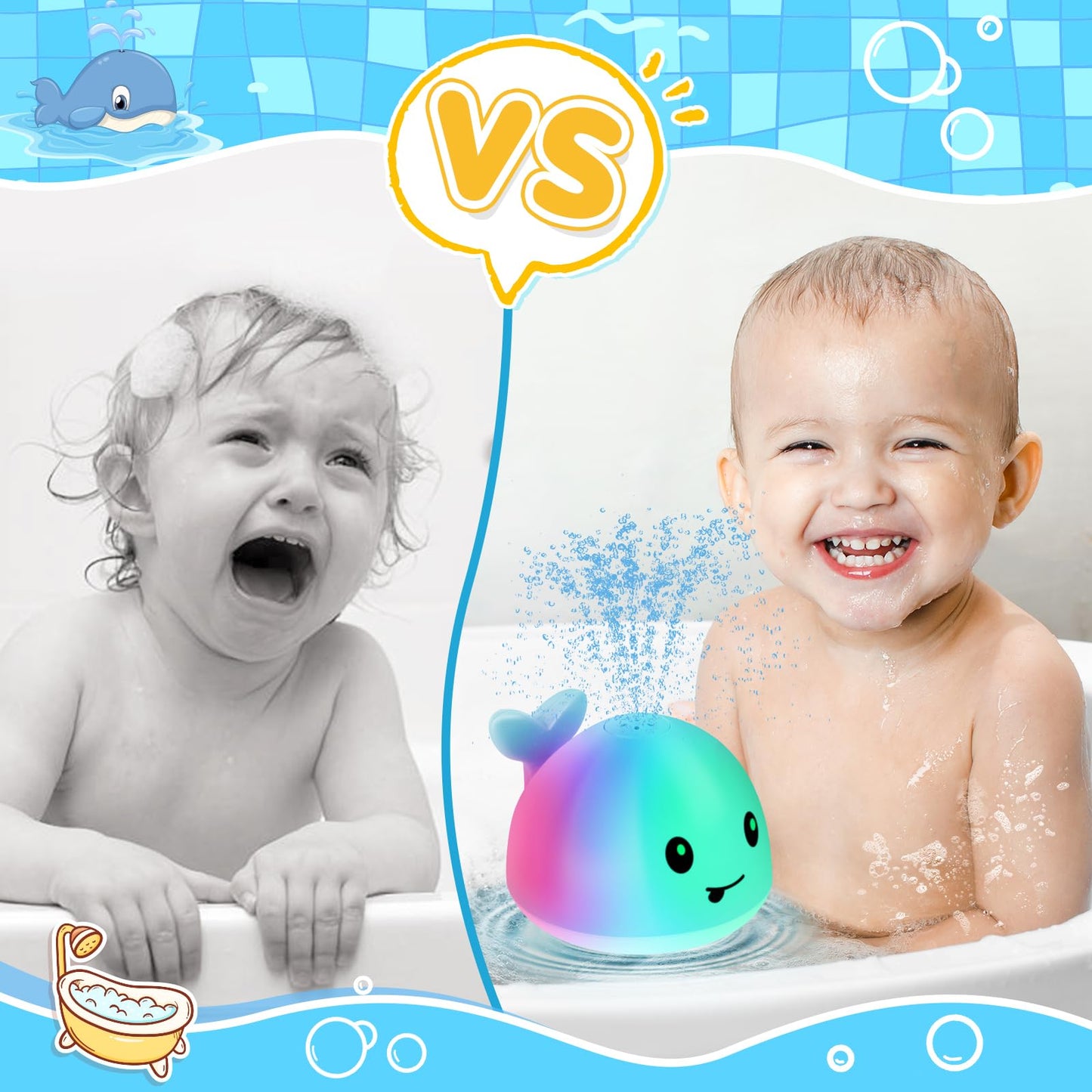 2023 Upgraded Baby Bath Toys Gifts, 1500mAh Rechargeable Bath Toy with Double Layer Waterproof, Light Up Whale Spray Water Batht