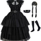 Gz-Laopaitou Wednesday Addams Dress Up Costume For Girls Black Dance Dress Birthday Halloween Cosplay Party 5-6Y