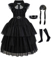 Gz-Laopaitou Wednesday Addams Dress Up Costume For Girls Black Dance Dress Birthday Halloween Cosplay Party 5-6Y
