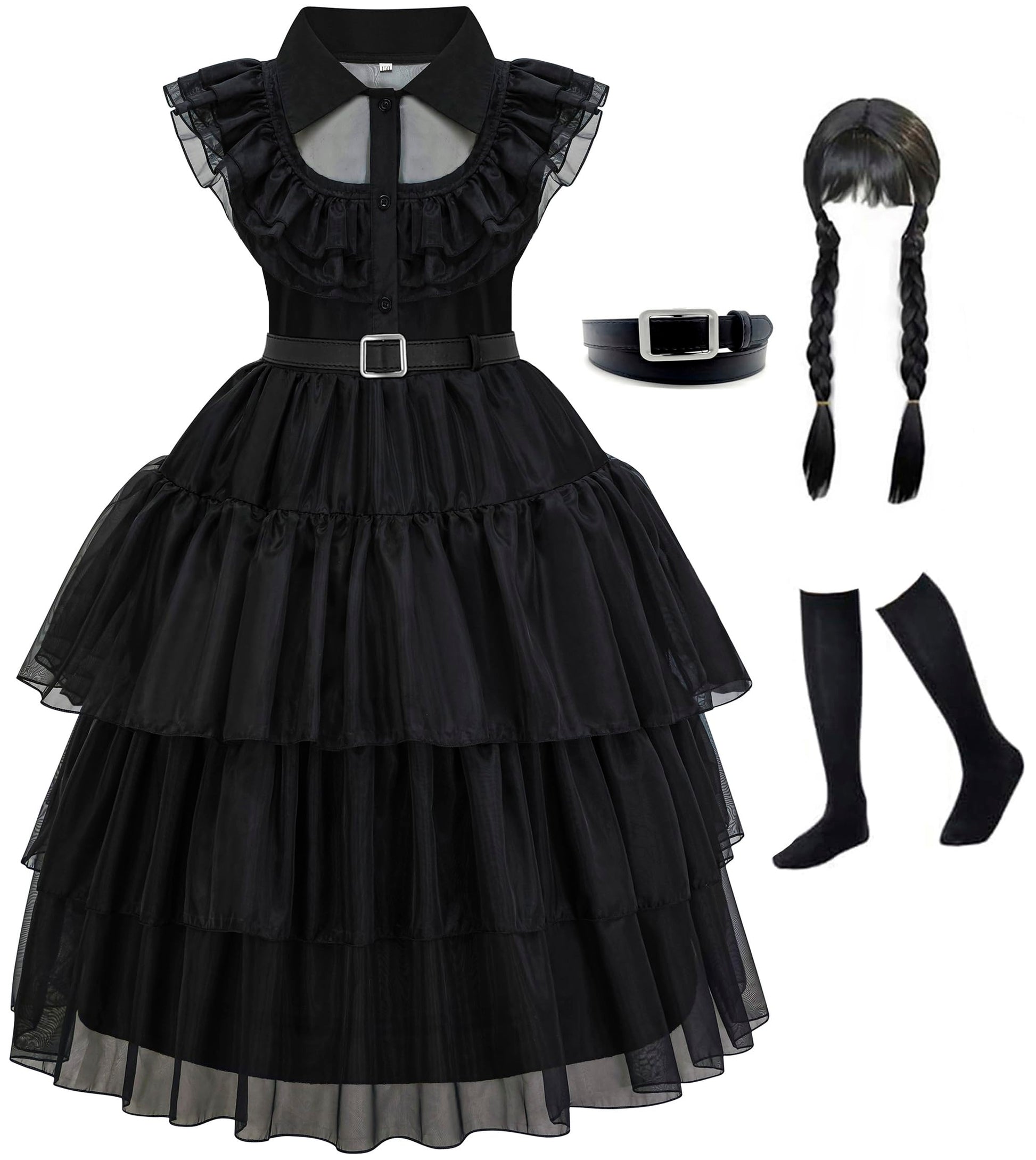 Gz-Laopaitou Wednesday Addams Dress Up Costume For Girls Black Dance Dress Birthday Halloween Cosplay Party 5-6Y
